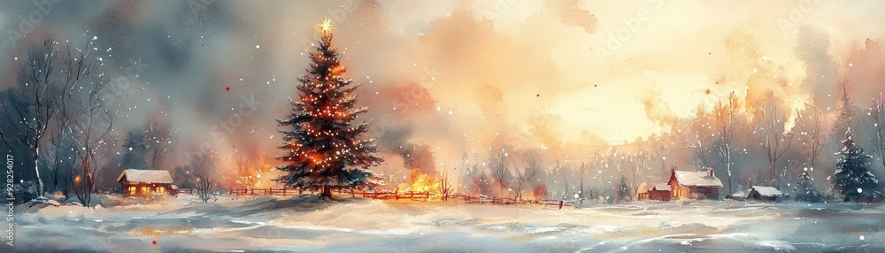 A serene winter landscape featuring a glowing tree amidst a snowy scene with distant cabins and a warm sunset backdrop. A serene winter landscape featuring a glowing tree amidst a snowy scene with distant cabins and a warm sunset backdrop.