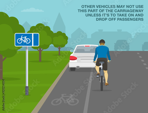 Safe driving tips and traffic regulation rules. British "mandatory with flow pedal cycle lane" road sign meaning. Back view of a car parked on a dedicated lane. Flat vector illustration template.