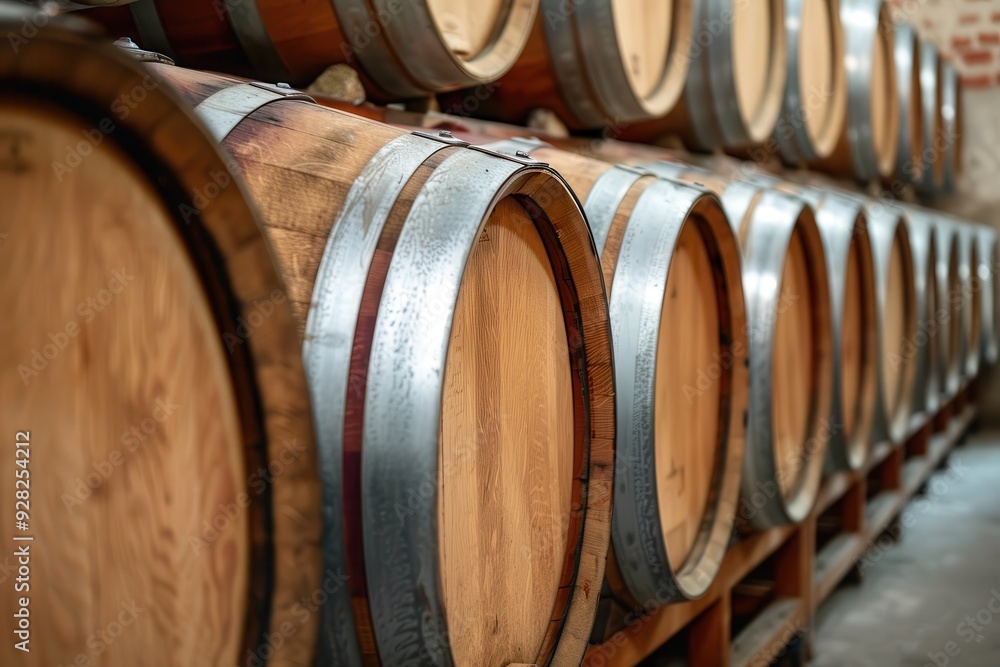 Barrels of Wine Stacked in the Cellar of a Winery. Vintage Wooden Wine Barrels Barrels of Wine Stacked in the Cellar of a Winery. Vintage Wooden Wine Barrels