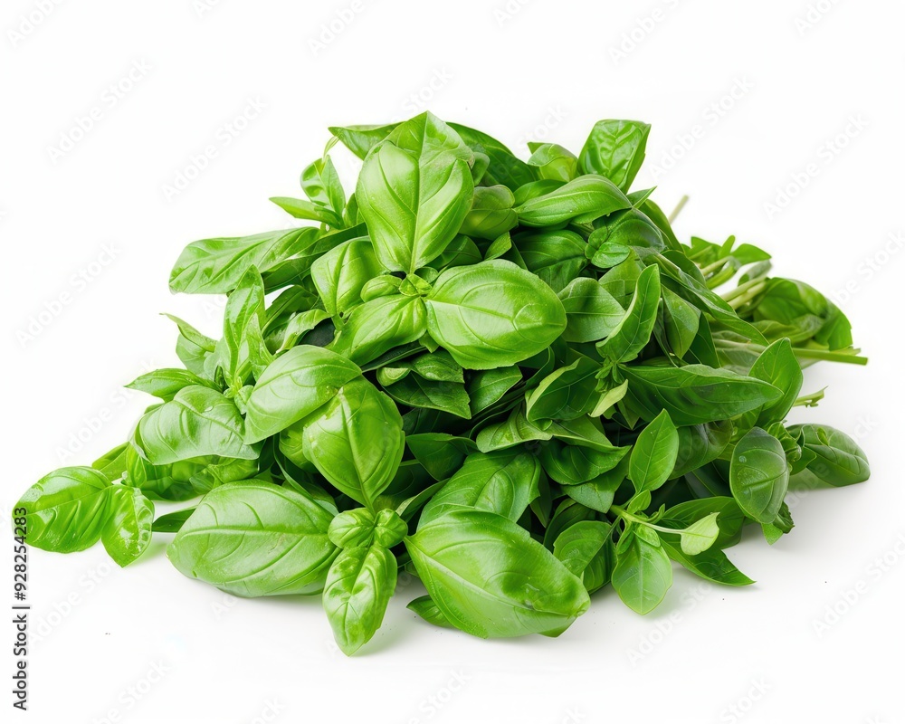Basil On White. Green Aromatic Basil Bunch on White Background for Culinary Favor Basil On White. Green Aromatic Basil Bunch on White Background for Culinary Favor