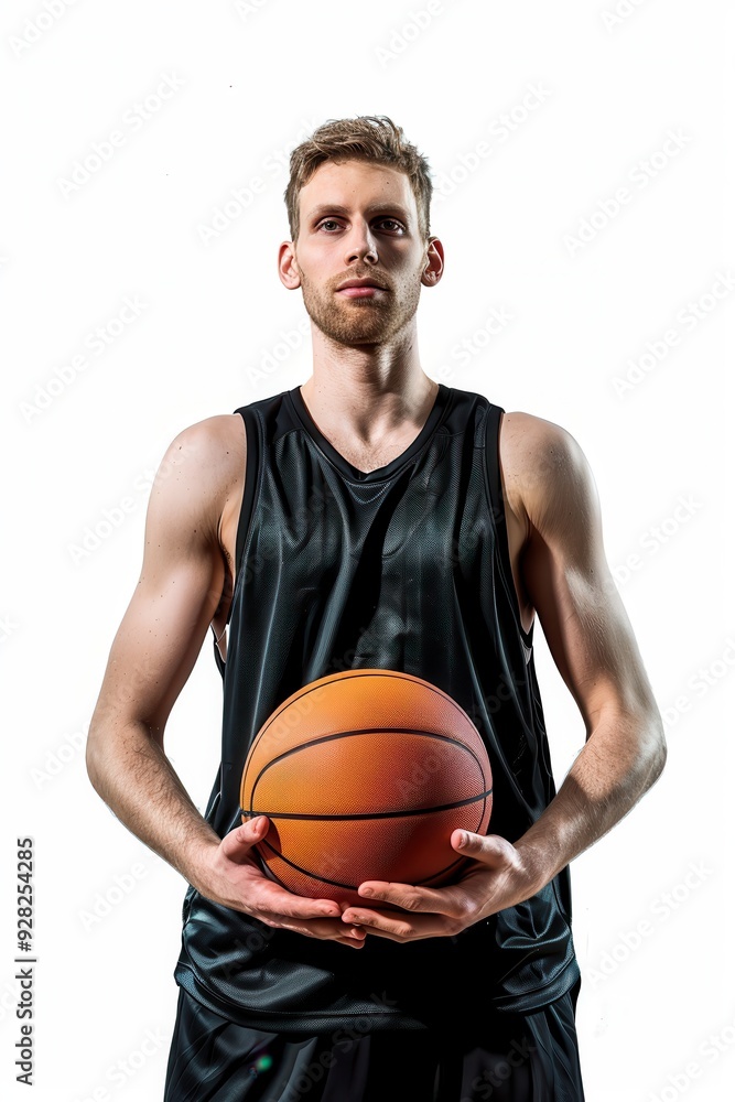 Basketball Player. Sportive Man Holding Ball, Looking at Camera in Caucasian Isolated Portrait Basketball Player. Sportive Man Holding Ball, Looking at Camera in Caucasian Isolated Portrait