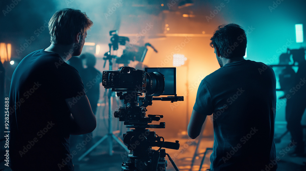 Two filmmakers operate a camera in a dimly lit studio during a video shoot at night