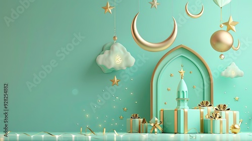 Islamic Festive 3D Illustration with Green and Gold Accents