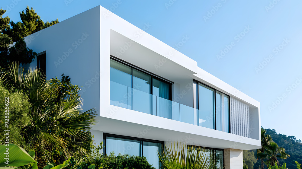 Beautiful modern house with large windows. Minimalist architecture with clean lines and a contemporary design Beautiful modern house with large windows. Minimalist architecture with clean lines and a contemporary design