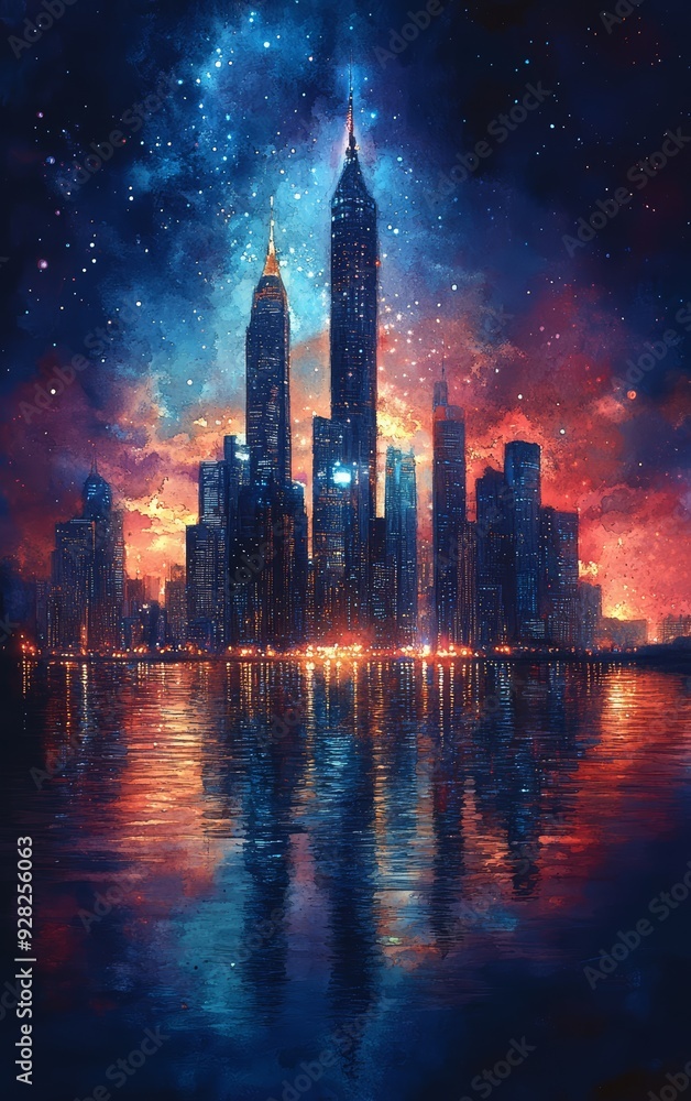 A stunning city skyline illuminated by cosmic colors, reflecting on a serene water surface, showcasing a blend of urban and celestial beauty. A stunning city skyline illuminated by cosmic colors, reflecting on a serene water surface, showcasing a blend of urban and celestial beauty.