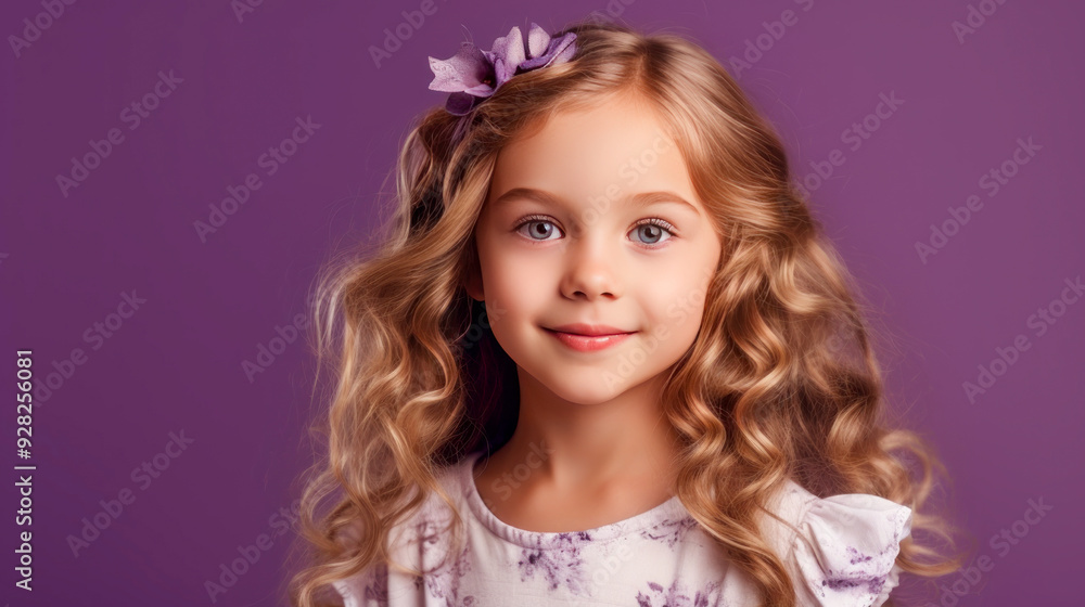 Portrait of a chic cute beautiful baby girl with perfect skin, purple background, banner. Portrait of a chic cute beautiful baby girl with perfect skin, purple background, banner.