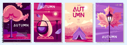 Set of retro flat autumn covers or party posters with autumn floral attributes, landscape, falling leaves and camping. Seasonal sale poster. Vector illustration