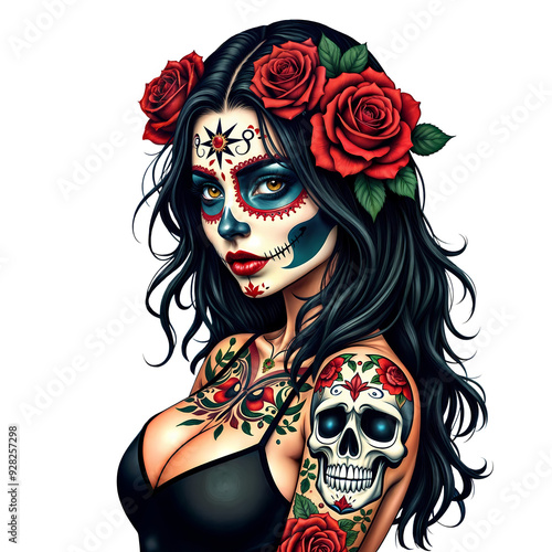 Beautiful Catrina Woman with Floral Face Paint on Transparent Background