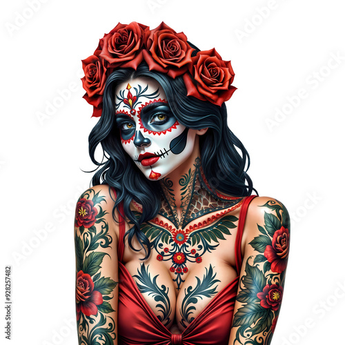 Elegant Sugar Skull Woman with Floral Tattoos on Transparent Background