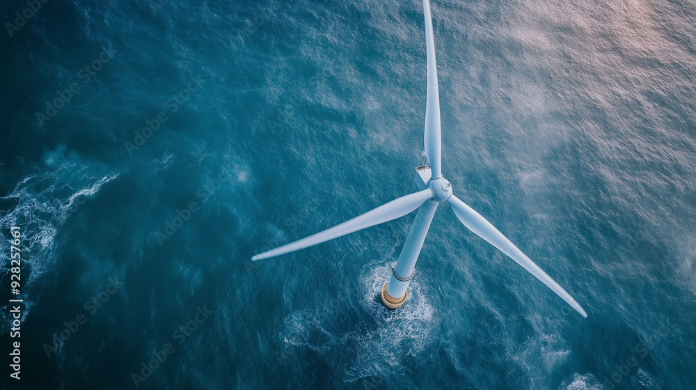 Fototapeta premium Aerial view of a wind turbine in ocean waters during daylight hours