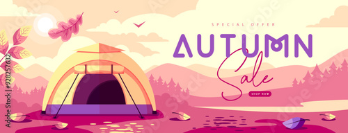 Seasonal retro flat autumn big sale banner with mountain landscape, forest, falling leaves and camping. Vector illustration