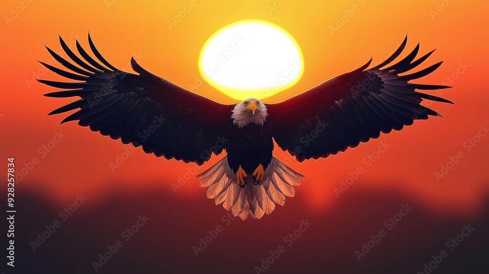 Fototapeta premium Bald Eagle Soaring at Sunset with Sun in Background