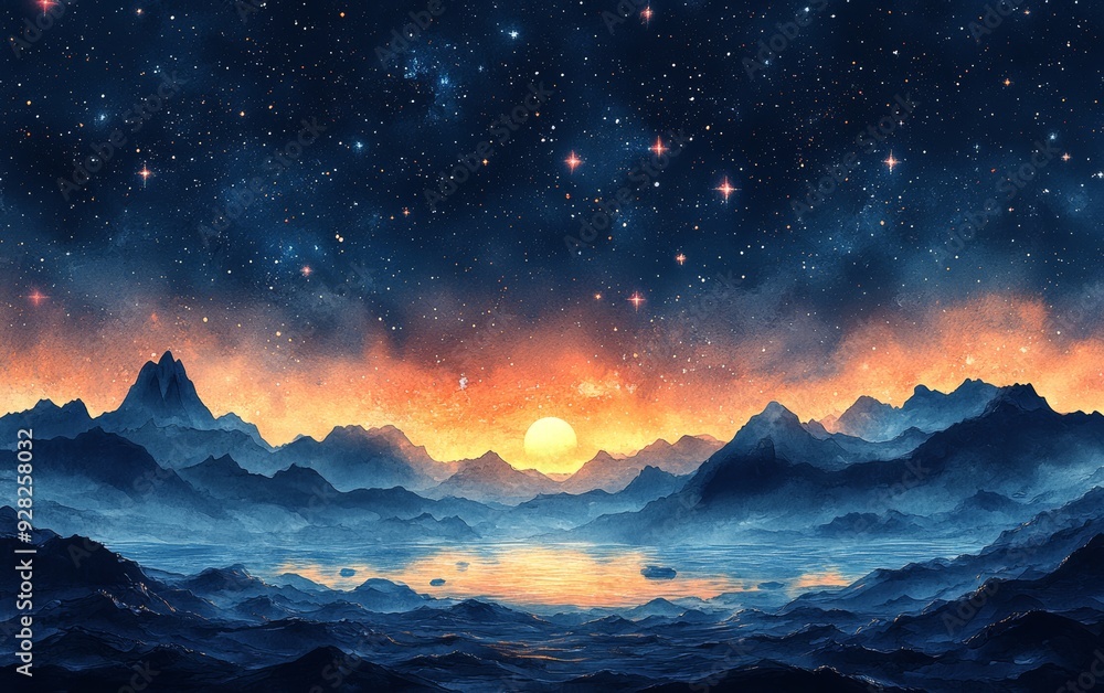 A stunning sunset over a mountain landscape, illuminated by stars and reflections in a tranquil lake, creating a serene atmosphere. A stunning sunset over a mountain landscape, illuminated by stars and reflections in a tranquil lake, creating a serene atmosphere.
