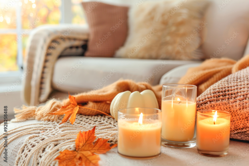 Cozy autumn interior with glowing candles, soft blankets, and warm-toned decor creating a peaceful and inviting ambiance. Cozy autumn interior with glowing candles, soft blankets, and warm-toned decor creating a peaceful and inviting ambiance.