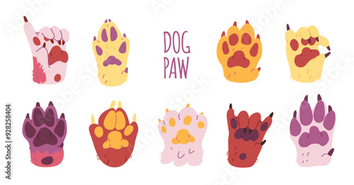 Vector illustration dog paws with different gestures: a sign of approval, a rock gesture.