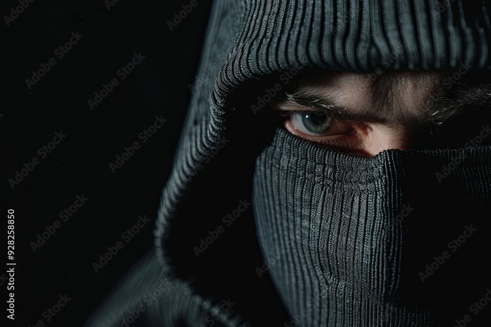 Robber in balaclava surrendering on black background, crime concept Robber in balaclava surrendering on black background, crime concept