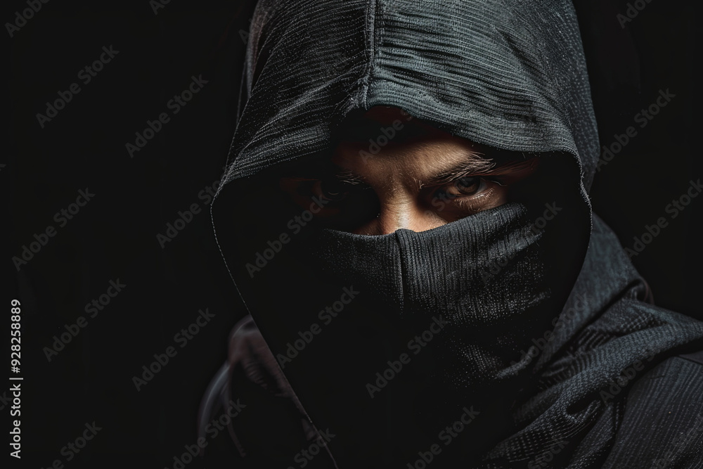 Robber in balaclava surrendering on black background, crime concept Robber in balaclava surrendering on black background, crime concept