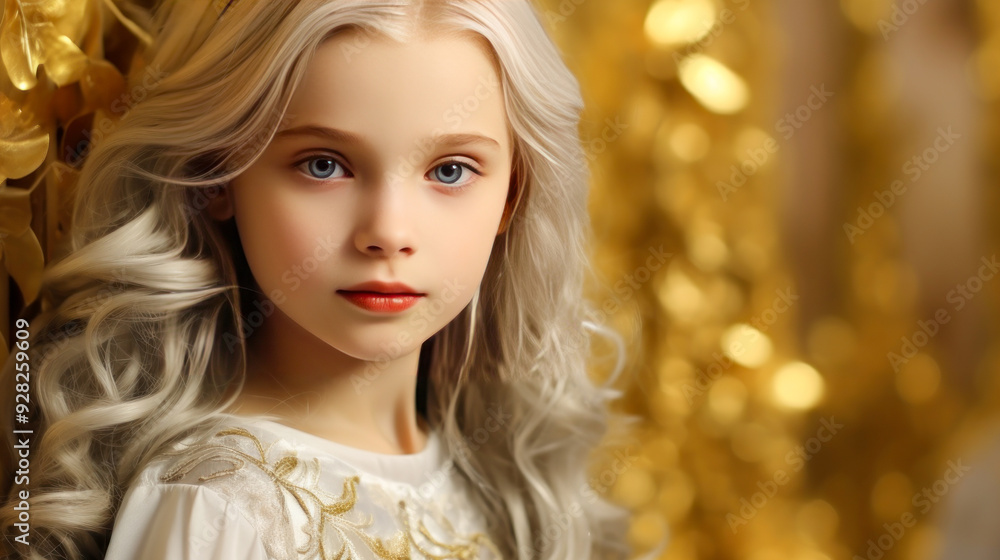 Portrait of a chic cute beautiful blonde child girl with long white hair and perfect skin, golden background, banner. Portrait of a chic cute beautiful blonde child girl with long white hair and perfect skin, golden background, banner.