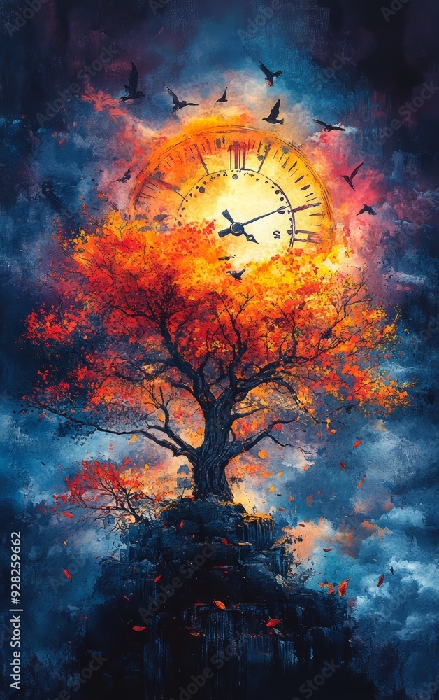 Fototapeta premium A vibrant autumn tree against a surreal clock and sun backdrop, blending nature and time in an enchanting landscape.