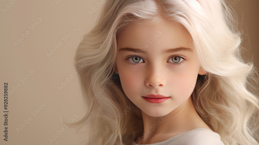 Portrait of a chic cute beautiful blonde child girl with long white hair and perfect skin, creamy beige background, banner. Portrait of a chic cute beautiful blonde child girl with long white hair and perfect skin, creamy beige background, banner.