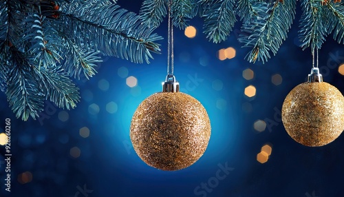  Christmas Tree In Ball Hanging Fir Branch With Golden Glittering On Blue Abstract Night