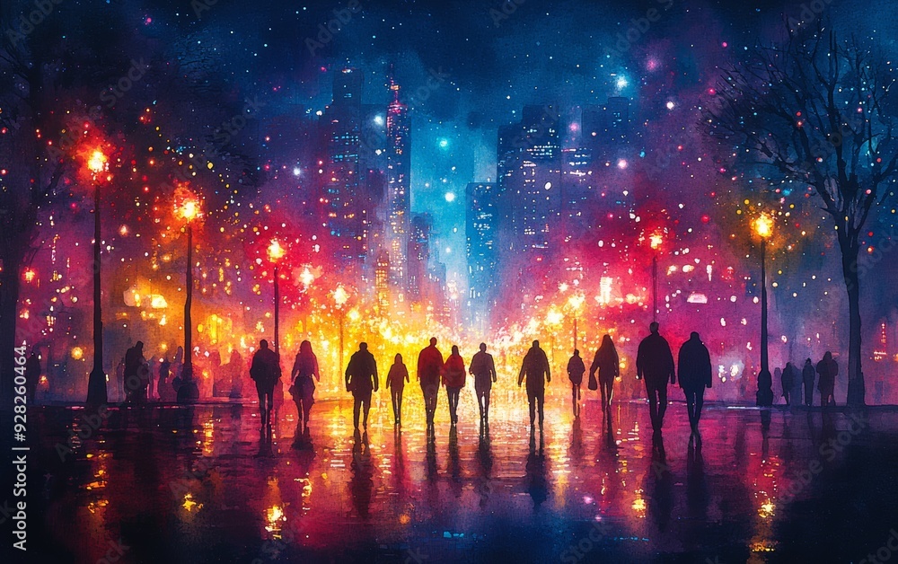 A vibrant cityscape at night, featuring silhouettes of people against a colorful backdrop of lights and reflections. A vibrant cityscape at night, featuring silhouettes of people against a colorful backdrop of lights and reflections.