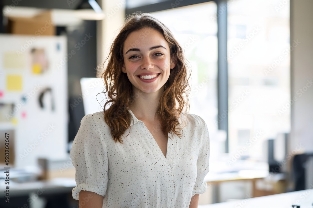 Happy female designer standing in office, Generative AI Happy female designer standing in office, Generative AI