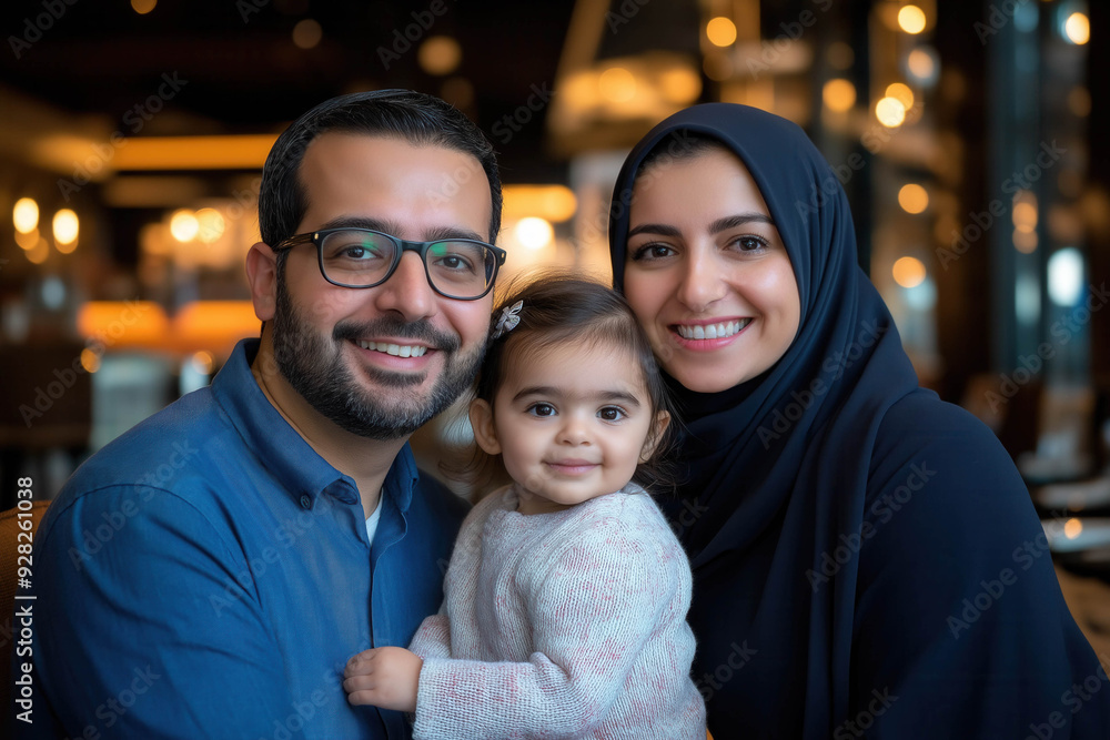 Portraif Of Happy Arabic Parents Posing With Their Little Daughter At Home Portraif Of Happy Arabic Parents Posing With Their Little Daughter At Home