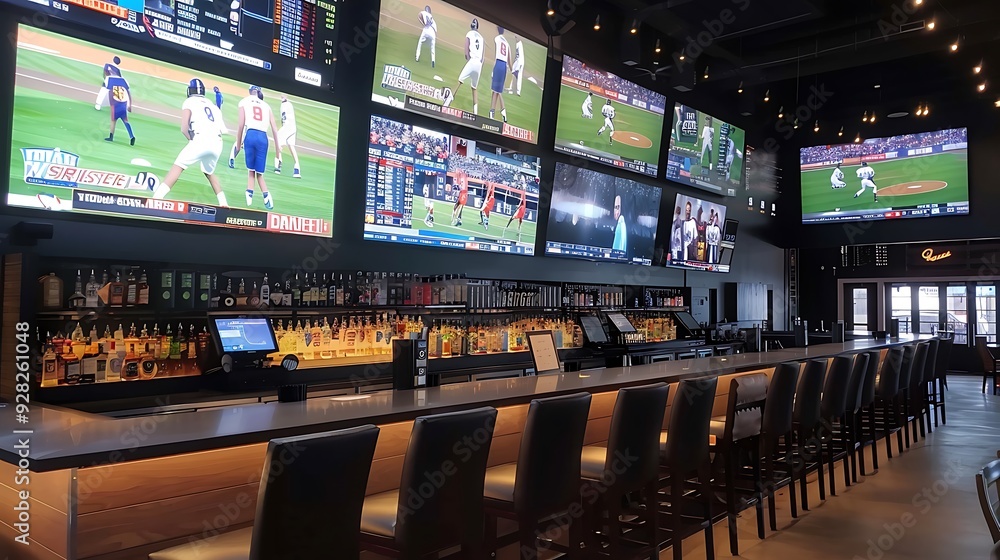 Modern sports bar with multiple large screens showcasing a variety of sporting events. The bar is full of patrons enjoying the game and the atmosphere.
