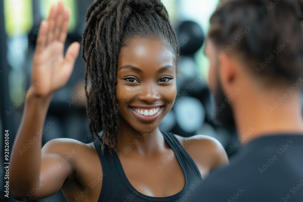 Portrait Of A Fit Happy Sportswoman Giving High Five To Her Coach In A Gym Portrait Of A Fit Happy Sportswoman Giving High Five To Her Coach In A Gym