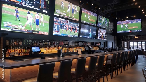Obraz na płótnie Modern sports bar with multiple large screens showcasing a variety of sporting events. The bar is full of patrons enjoying the game and the atmosphere. w salonie
