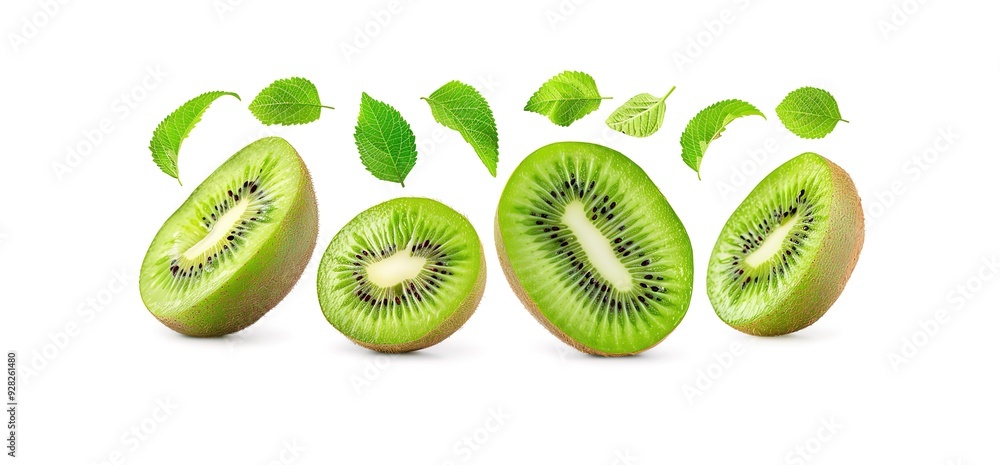 Fresh kiwi fruit slices and leaves isolated on a white background. Perfect for healthy eating and food photography. Fresh kiwi fruit slices and leaves isolated on a white background. Perfect for healthy eating and food photography.