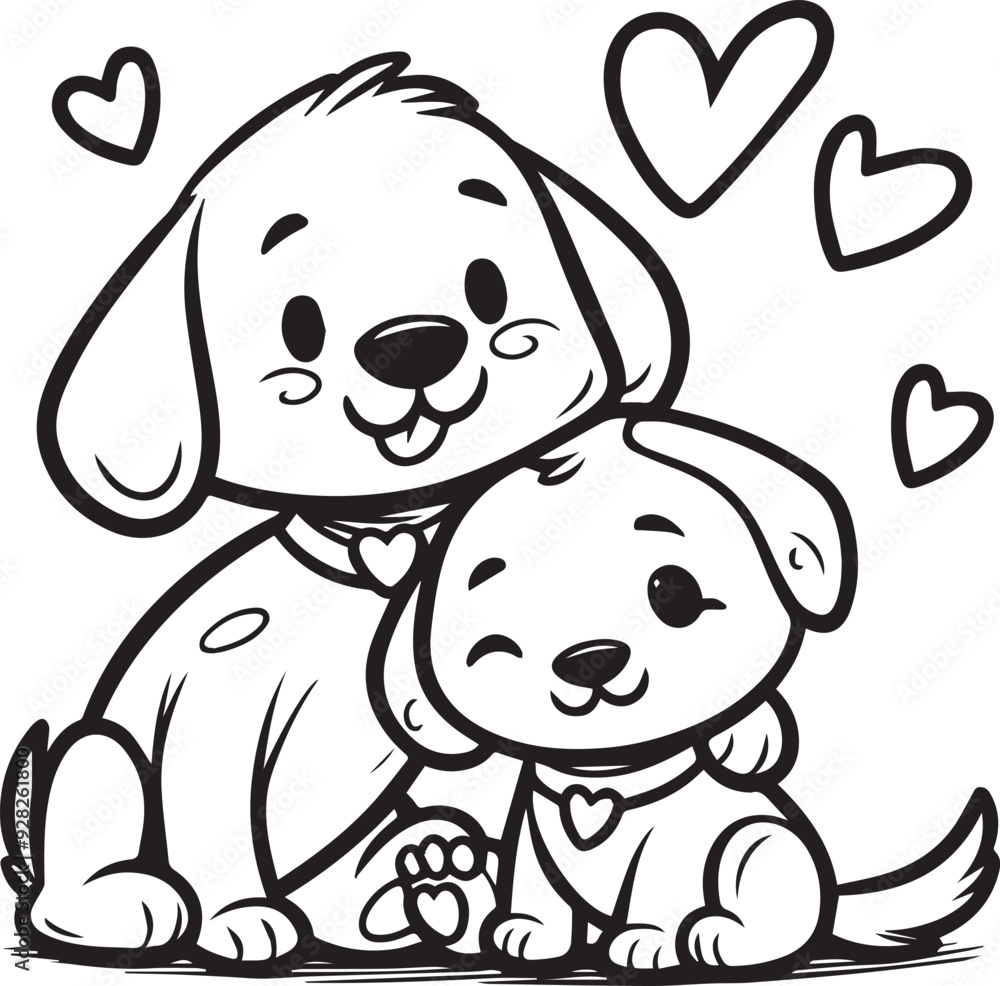 A dog couple line art coloring book illustration for kids A dog couple line art coloring book illustration for kids