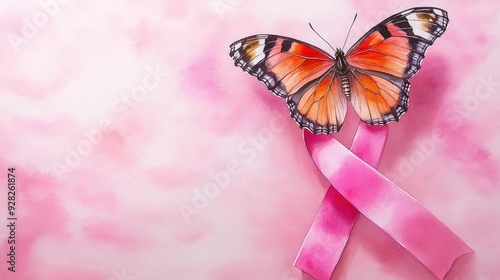 Soft watercolor of a butterfly landing on a pink ribbon, symbolizing transformation and hope in Breast Cancer Awareness