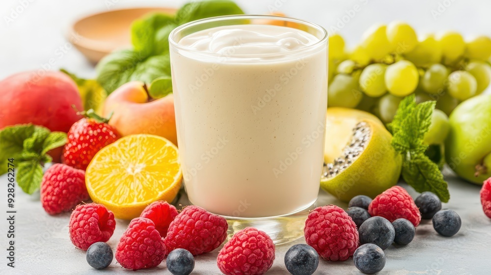 Detailed image of a whey protein shake with a creamy texture, surrounded by fresh fruits, emphasizing post-workout nutrition Detailed image of a whey protein shake with a creamy texture, surrounded by fresh fruits, emphasizing post-workout nutrition