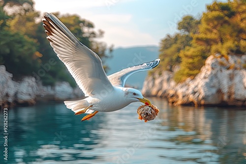 A seagull flies with a piece of bread in its beak. This image can be used for websites or projects related to nature, animals, or food. photo