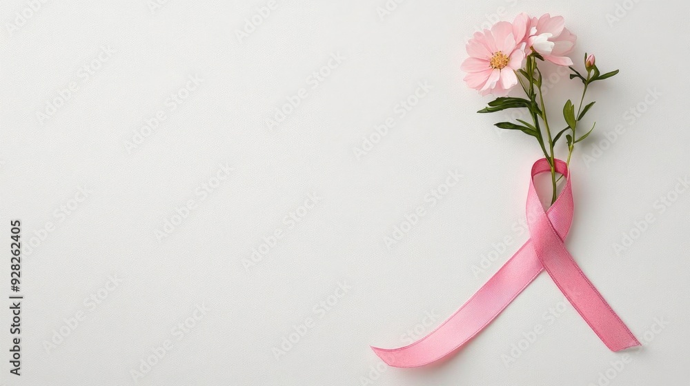Fototapeta premium Watercolor of a delicate flower blooming from a pink ribbon, symbolizing growth and survival in Breast Cancer Awareness
