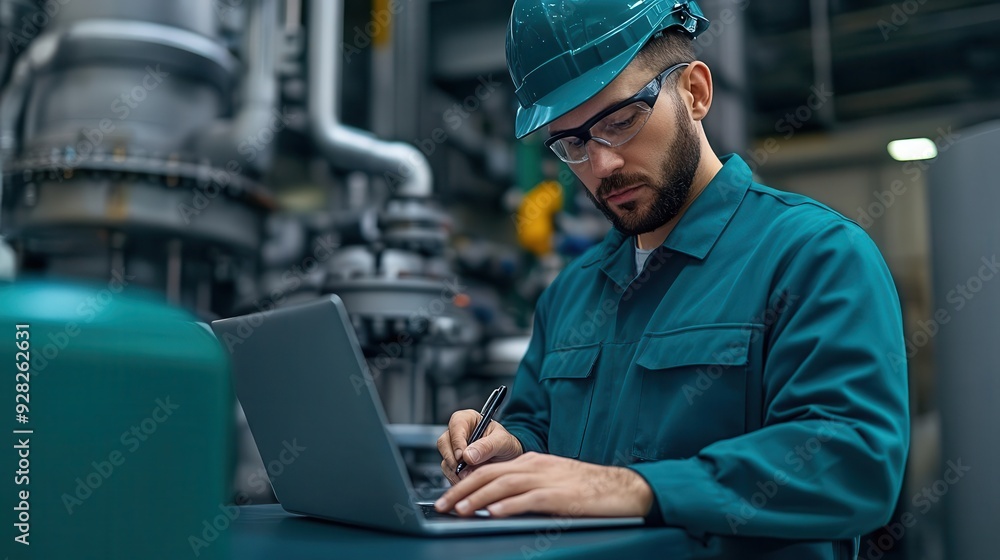 Technician checking maintenance records on a laptop, surrounded by industrial equipment, focus on reliability and performance Technician checking maintenance records on a laptop, surrounded by industrial equipment, focus on reliability and performance
