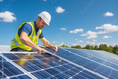 Scheduled maintenance of solar panels, technician on a roof, renewable energy system care