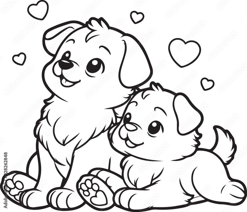 A dog couple line art coloring book illustration for kids A dog couple line art coloring book illustration for kids