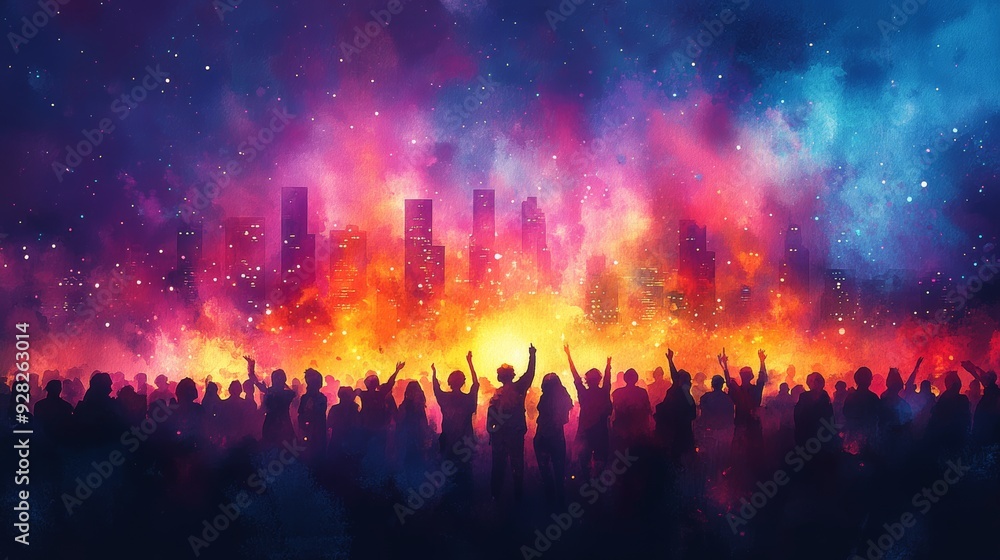 A vibrant crowd celebrating at night, illuminated by colorful lights against a dramatic city skyline. A vibrant crowd celebrating at night, illuminated by colorful lights against a dramatic city skyline.