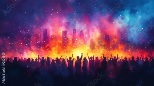 Wallpaper Mural A vibrant crowd celebrating at night, illuminated by colorful lights against a dramatic city skyline. Torontodigital.ca