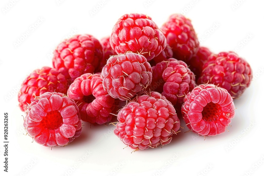 A cluster of ripe, red raspberries, isolated on a pure white background A cluster of ripe, red raspberries, isolated on a pure white background