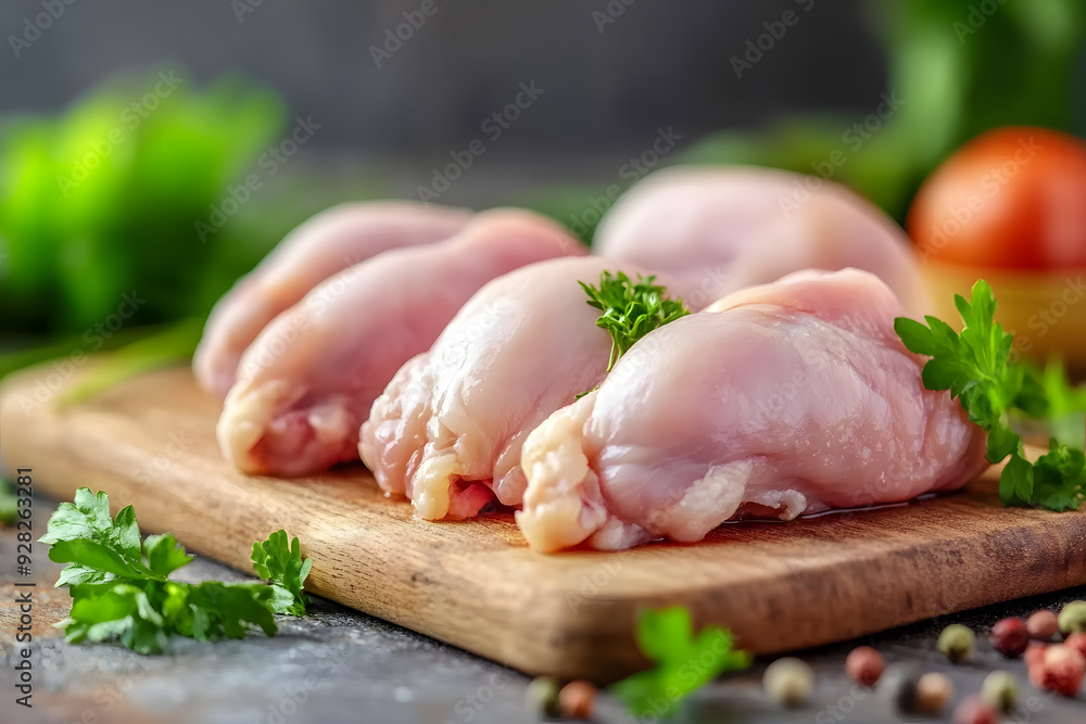 Raw chicken meat cutting on a wooden board commercial advertising photo Raw chicken meat cutting on a wooden board commercial advertising photo
