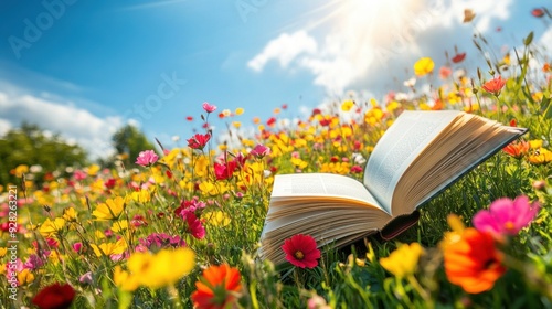 An open book sitting in a field of flowers with sunlight shining through, AI