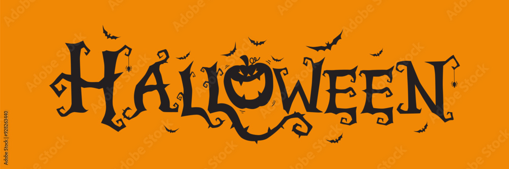 Horizontal Halloween Text Banner With Flying Bats, Pumpkin , Vector. Horizontal Halloween Text Banner With Flying Bats, Pumpkin , Vector.