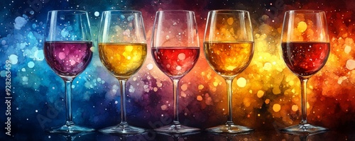A vibrant display of five colorful drinks in elegant glasses, set against a sparkling, multicolored backdrop.