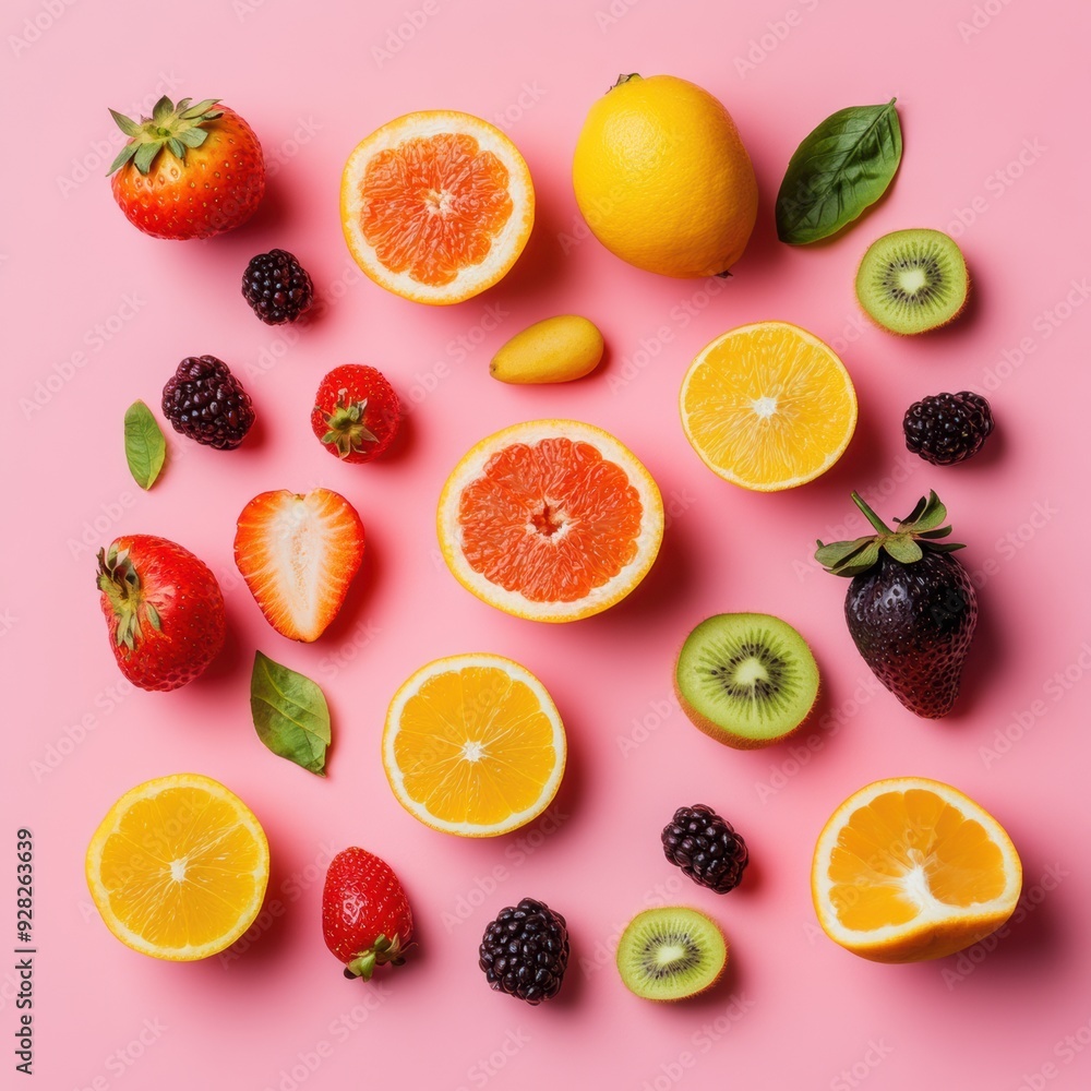 Flat lay technique with fresh fruit objects. In the photo from above Flat lay technique with fresh fruit objects. In the photo from above