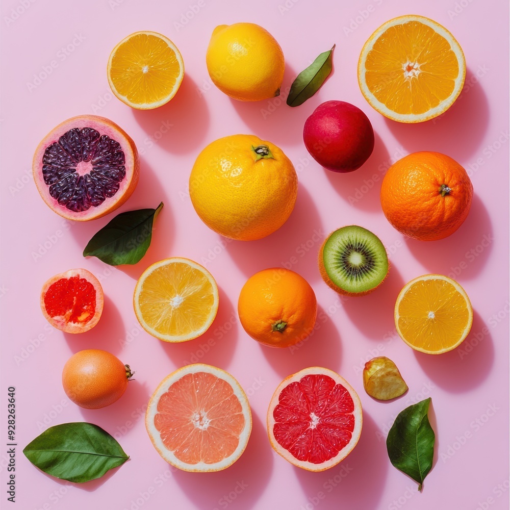 Flat lay technique with fresh fruit objects. In the photo from above Flat lay technique with fresh fruit objects. In the photo from above