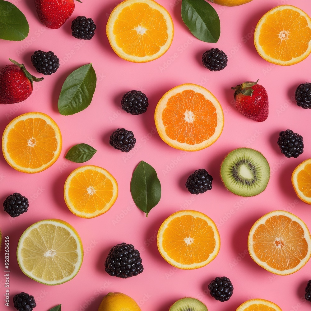 Flat lay technique with fresh fruit objects. In the photo from above Flat lay technique with fresh fruit objects. In the photo from above